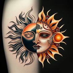 a sun and moon tattoo on the back of a woman's thigh