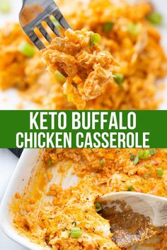 keto buffalo chicken casserole in a white dish with a wooden spoon scooping out