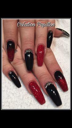 Red Black And Silver Nails Design, Black Nails With Red Glitter, Red Black Silver Nails, Gothic Valentines Nails, Red Nails Valentines, Black Acrylic Nail Designs, Prom Nails Silver, Red Nail Art Designs, Silver Nail Designs