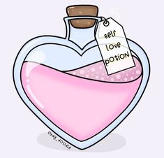 a pink heart shaped bottle with a tag on it that says self love potion in front of a white background