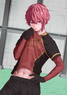 an anime character with pink hair and black shorts