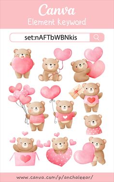 a set of teddy bears with hearts and balloons