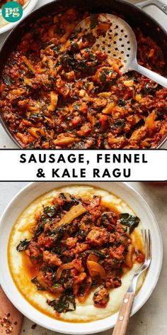 sausage, fennel and kale ragu in a skillet with spoons