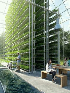 people are sitting at picnic tables in front of an indoor garden