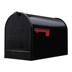 a black mailbox with the letter u s mail on it's front and side