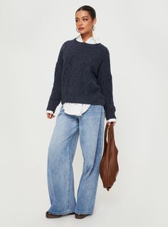 Canlish Cable Knit Sweater Navy Cable Knit Sweater Family Photos, Blue Sweaters Outfit, Style Cable Knit Sweater, Comfort Chic Outfit, Black Sweater Light Jeans Outfit, Layering Sweaters And Shirt, Sweater And Button Down Outfit Women, Navy Cashmere Sweater Outfit, Denim And Sweater Outfits