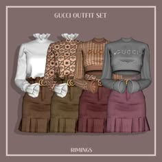 three different skirts and two tops with the words gucci outfit set in front of them