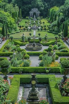 a garden with many different types of flowers and plants in it, including hedges and trees