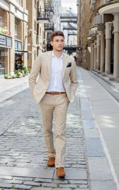 "This is a Classic 2 Piece Suit by wedding wear   store crafted from high quality fabric and imported materials. Our products are handcrafted by experienced tailors who make sure the that the stitching is precise, lining is proper and the overall product is sturdy enough to not go out of shape for more than a few years. Also all our products have extra margins in their length, sleeves, sides so it's easily alterable if your size changes after some time. To see more available colours and designs in this collection, Check out the 'Classic Two Piece Suits' Section. *This is a 3 piece set of a jacket and a trouser. *We also offer customization so we can provide you an even better fit if you massage us your measurements (in inches) of Chest, Stomach, Waist, Hip, Shoulder and Actual Height after Men Beige Suit, Party Wear Men, Khaki Suit, Beige Suit, Tan Suit, Herren Style, Ethnic Wedding, Beige Suits, Man Suit