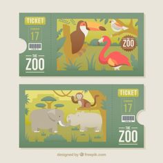 two tickets with different animals and birds on them, one is for the zoo ticket