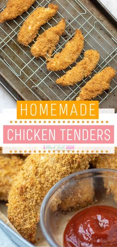 homemade chicken tenders with ketchup on the side and in a baking pan