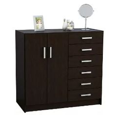 an image of a bathroom vanity with drawers and mirror on it's sideboard