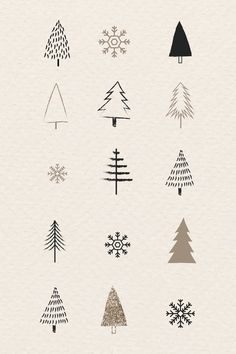 christmas trees and snowflakes are shown in black and white on a beige background