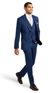 A slim premium cobalt blue performance suit with two buttons and a notch lapel. Tailored Blue Suit For Formal Occasions, Royal Blue Suits With Notch Lapel For Tailoring, Blue Semi-formal Suit, Blue Business Suit With Notch Lapel, Blue Single Button Tuxedo For Formal Events, Blue Suit And Tie Accessories For Business Casual, Blue Slim Fit Suit And Tie Accessories For Work, Blue Tuxedo Style Blazer In Suiting Fabric, Fitted Royal Blue Suit For Business