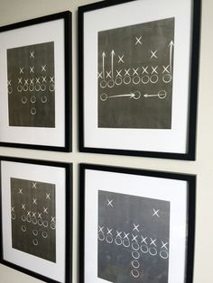 three black and white pictures hanging on the wall next to each other with arrows drawn on them