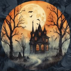 a painting of a creepy house with bats flying over it and the moon in the background