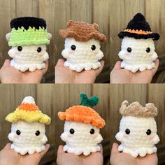 four handmade amigurma dolls with hats on their heads, each wearing different colors