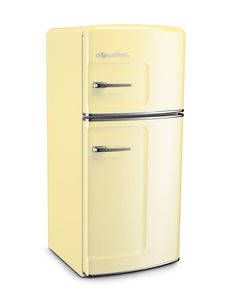 an old fashioned yellow refrigerator on a white background