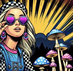 a woman with pink glasses standing in front of mushrooms