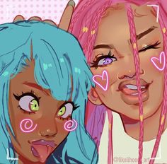 two girls with neon pink hair and green eyes