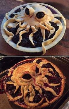 two pictures one with an octopus and the other with pie crusts on it's sides