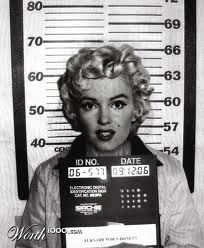 marilyn monroe mug shot in front of a jail cell with her name and date printed on it