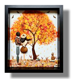 a painting of two people hugging under a tree with bats flying around the fall leaves