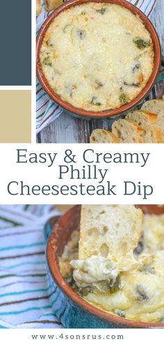 an easy and creamy cheesy dip recipe with bread in the middle, on a table