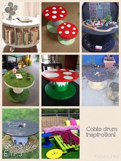 the collage shows different tables and chairs made out of materials such as bookshelves