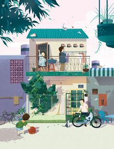 an illustration of people on the balcony of a house with bicycles and children playing in the yard