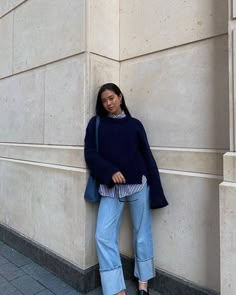 9 Blue-Jeans Outfits Fashion Influencers Wear on Repeat | Who What Wear UK Blue Stripe Shirt Outfit, Navy Blue Sweater Outfit, Blue Outfit Winter, Jean Shirt Outfits, Blue Top Outfit, Blue Striped Shirt Outfit, Blue Sweater Outfit, Outfits With Striped Shirts, Fall Back In Love