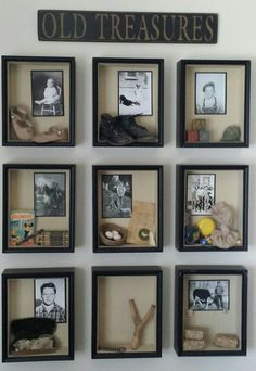 there are many framed pictures on the wall with old treasuress written above them in black frames