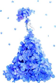 blue flowers are floating in the air on a white background, and there is no image here to provide a caption for