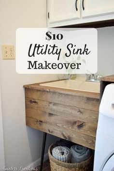 a laundry room sink with the words $ 10 utility sink makeover over it in black and white