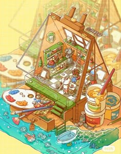 an image of a cartoon kitchen in the water with chopsticks and other items