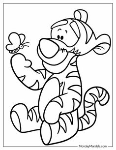 winnie the pooh holding a butterfly in her hand coloring pages for kids and adults