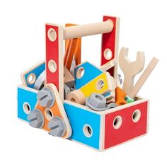 a wooden toy with tools in it on a white background for use as a storage container