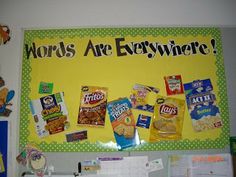 a bulletin board with lots of snacks hanging on it's side and words that say words are everywhere