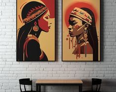 two paintings on the wall above a table in a room with white brick walls and black chairs