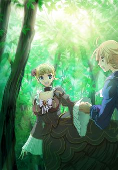 two anime characters sitting on top of a log in the woods, one holding onto another character's shoulder