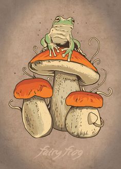 a frog sitting on top of a mushroom with toadies around it's legs