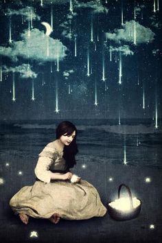 a woman sitting on the ground next to a pot with water in it and stars falling from the sky