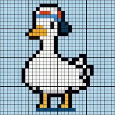 a pixellated image of a duck in blue and white squares with an orange beak