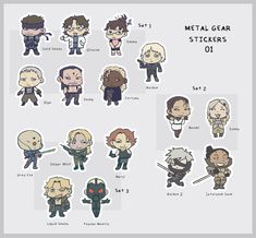 the metal gear stickers are all different styles and sizes, but one is for each character