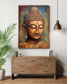 a buddha painting hanging on the wall above a chest of drawers in a living room