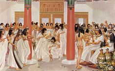 a painting of women in ancient greek dress dancing with men and women dressed in white