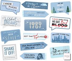 several stickers with different types of words and phrases on them, all in blue