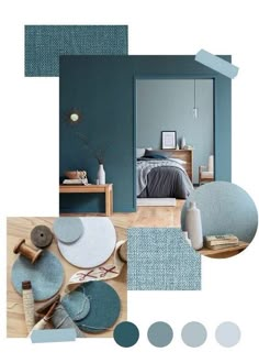 an image of a bedroom with blue and grey colors on the walls, flooring and furniture