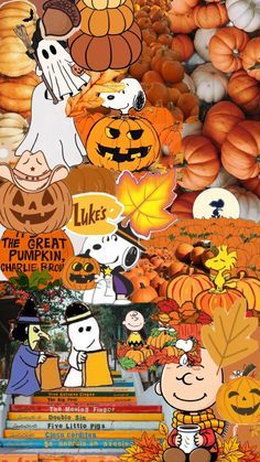 a collage of pumpkins, jack - o'- lanternes and peanuts