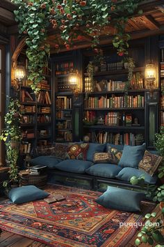 a living room filled with lots of furniture and bookshelves covered in ivy leaves